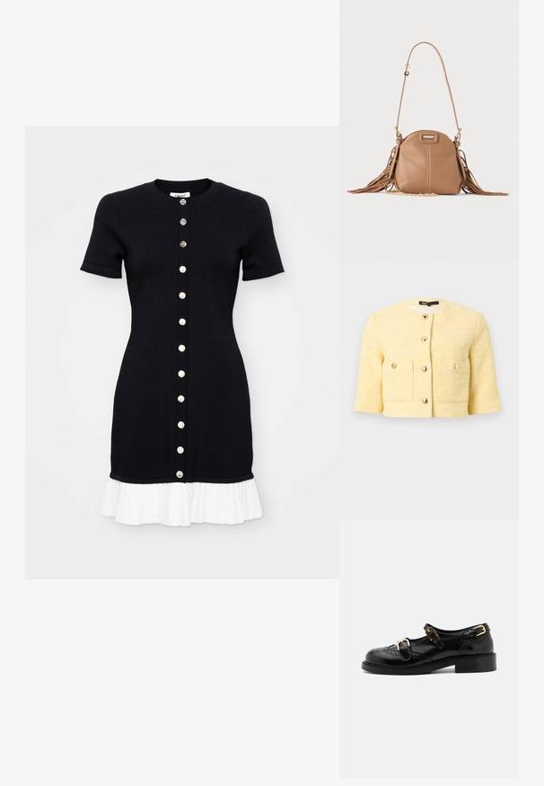 Veste courte jaune texturée à encolure ronde, manches trois-quarts, deux poches frontales et fermetures par boutons dorés.; Robe en tricot noire à manches courtes, avec un décolleté rond et un ourlet plissé blanc. Elle présente une fermeture à boutons sur le devant avec des boutons contrastants.; Chaussures en cuir noir avec détails de brogue, dotées de deux sangles à boucle, d'un bout arrondi et d'un talon bas. Texture lisse avec finition brillante.; Petit sac à bandoulière en cuir fauve avec longue bandoulière, détail chaîne dorée et franges des deux côtés sur un fond neutre.
