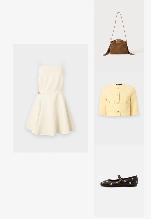 Veste courte jaune texturée à encolure ronde, manches trois-quarts, deux poches frontales et fermetures par boutons dorés.; Robe sans manches couleur crème avec fines bretelles, encolure carrée, taille ajustée avec une petite ceinture et jupe évasée.; Chaussure plate Mary Jane noire avec des clous ronds dorés, une bride à boucle dorée et un petit charme doré suspendu à la bride.; Sac à épaule en daim marron avec une longue bandoulière, une découpe rectangulaire de la poignée et des détails à pompons sur les côtés sur fond blanc.