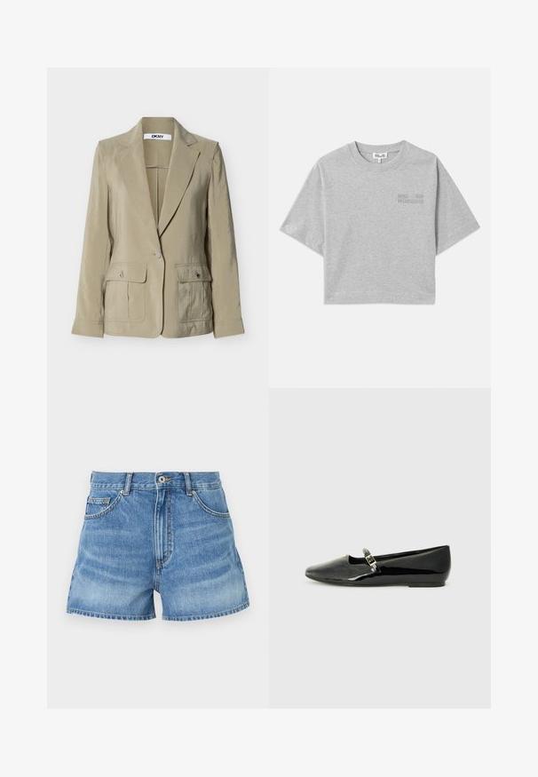 Beige yksirivinen bleiseri lovitetuilla kaula-aukoilla, kahdella etutaskulla, joissa on napit, ja DKNY-etiketti kauluksen sisäpuolella.; Harmaa lyhythihainen croppatut paita, joka on valmistettu pehmeästä puuvillasta. Edessä on hillitty kohopainatuslogo ja pyöreä kaula-aukko.; Vaaleansiniset farkkushortsit, joissa on korkea vyötärö, viisi taskua ja raakareunat. Niissä on metallinen nappi ja kontrastiväriset ompeleet saumoissa.; Musta patentoitu nahkainen ballerina-kengät teräväkärkisellä muotoilulla, nilkkahihnalla kullanvärisellä soljella ja minimalistisella designilla. Tasapohja ja kiiltävä pinta.