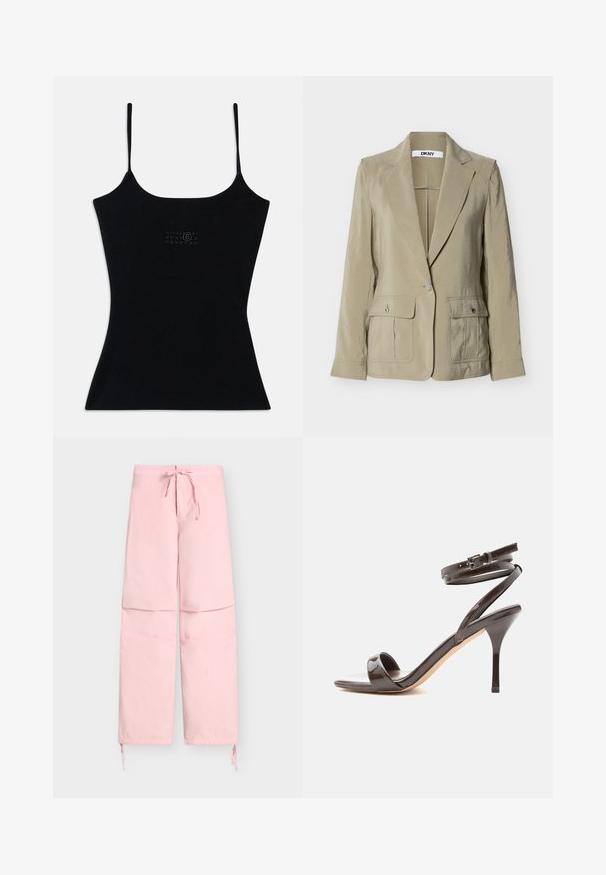 Beige yksirivinen bleiseri lovitetuilla kaula-aukoilla, kahdella etutaskulla, joissa on napit, ja DKNY-etiketti kauluksen sisäpuolella.; Mustalla tiukalla tanktopilla, jossa on ohuet hihnat, valmistettu ribbikudoksesta. Etupuolella on hienovarainen logomalli. Sujuva pinta ja tyylikäs siluetti.; Vaaleanpunaiset leveälahkeiset housut, joissa säädettävä kiristysnyöri vyötäröllä ja nyörit nilkoissa, suunniteltu rentoon käyttöön.; Tummanruskea kiiltonahkainen korkokengän sandaali, jossa ohut nilkkaremmi ja avoin kärki valkoisella taustalla.