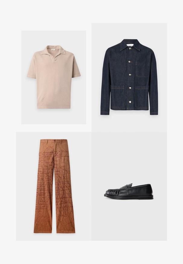 Veste en denim bleu foncé avec des boutons argentés, un col, une poche poitrine et deux grandes poches avant.; Polo beige à manches courtes avec tissu texturé et col ouvert, présenté sur un fond blanc uni.; Pantalon droit marron avec un motif de griffonnages et de texte manuscrit en rouge foncé sur tout le tissu.; Mocassin en cuir noir avec un bout arrondi et froncé, et une semelle plate sur un fond blanc uni.