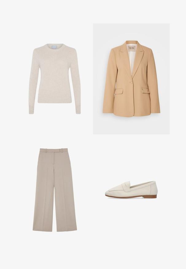 Beige blazer met een gestructureerd ontwerp, sluiting met één knop, twee voorzakken en een gladde afwerking. Gevoerde binnenkant biedt extra comfort.; Style Republic Trui - sand; Beige wijdvallende, op maat gemaakte broek met verborgen voorpand sluiting en zijzakken, ontworpen voor een formele of zakelijke casual uitstraling.; Roomkleurige leren platte loafer met lage houten hak en banddetail over de wreef, zijaanzicht op witte achtergrond.