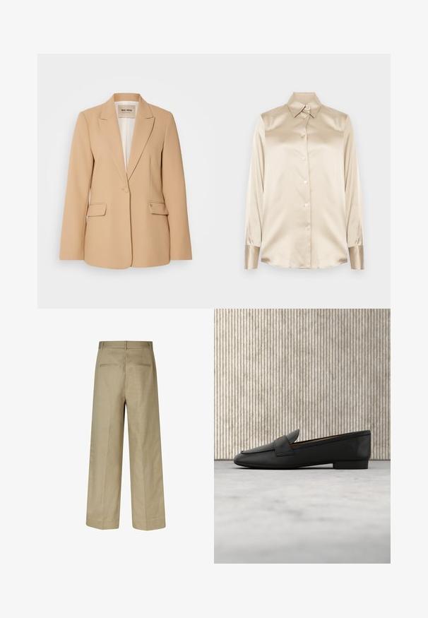 Blazer beige avec une conception structurée, fermeture à un bouton, deux poches avant et une finition lisse. Doublure intérieure offrant un confort supplémentaire.; Chemise en satin beige avec un col pointu, des manches longues, une fermeture par boutons et des poignets à la finition légèrement plus brillante. Pas de motifs ni d'accents.; Pantalons larges beiges avec une texture lisse, des poches arrière et des passants de ceinture. Coupe ajustée avec une silhouette droite.; Mocassins en cuir noir avec un accent doré, un bout rond et une texture lisse, suspendus au-dessus d'une surface réfléchissante avec des étagères métalliques.