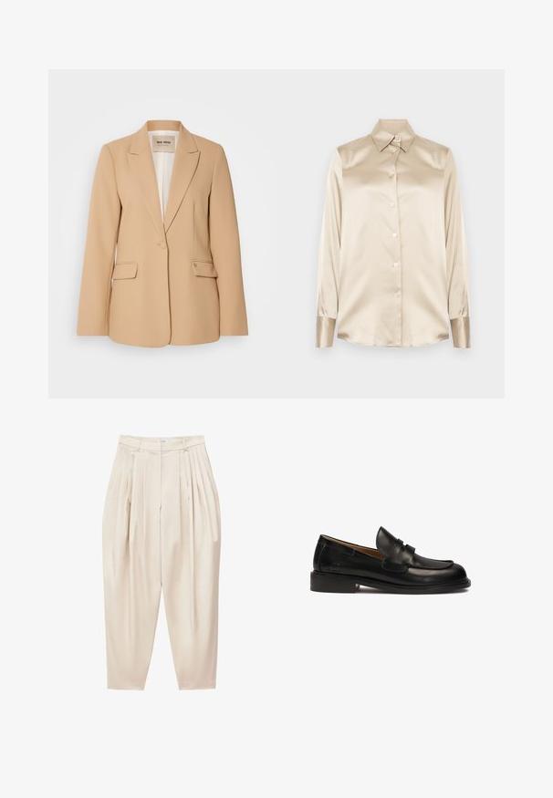Blazer beige avec une conception structurée, fermeture à un bouton, deux poches avant et une finition lisse. Doublure intérieure offrant un confort supplémentaire.; Chemise en satin beige avec un col pointu, des manches longues, une fermeture par boutons et des poignets à la finition légèrement plus brillante. Pas de motifs ni d'accents.; Pantalon beige taille haute à plis avec jambes fuselées et fermeture éclair avant.; Mocassin en cuir noir avec un embout arrondi, une sangle décorative sur le dessus et un petit talon empilé. Texture lisse et détails de couture minimalistes.