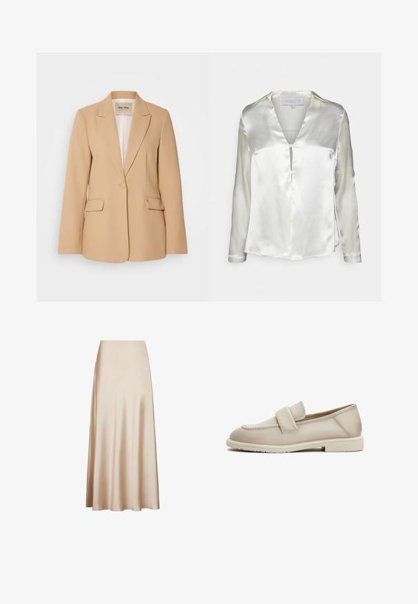 Beiger Blazer mit strukturiertem Design, einreihiger Knopfverschluss, zwei Vordertaschen und glatter Oberfläche. Futter im Inneren sorgt für zusätzlichen Komfort.; STUDIO ID ALYSSA - Bluse - champagne; Beige Satin-Midirock mit glatter Textur und ausgestelltem Design von der Taille bis zum Saum, in A-Linie. Keine sichtbaren Muster oder Akzente.; Beige Lederloafers mit glatter Textur, ausgestattet mit einem erhöhten Riemen über dem Obermaterial und einer niedrigen, flachen Gummisohle.