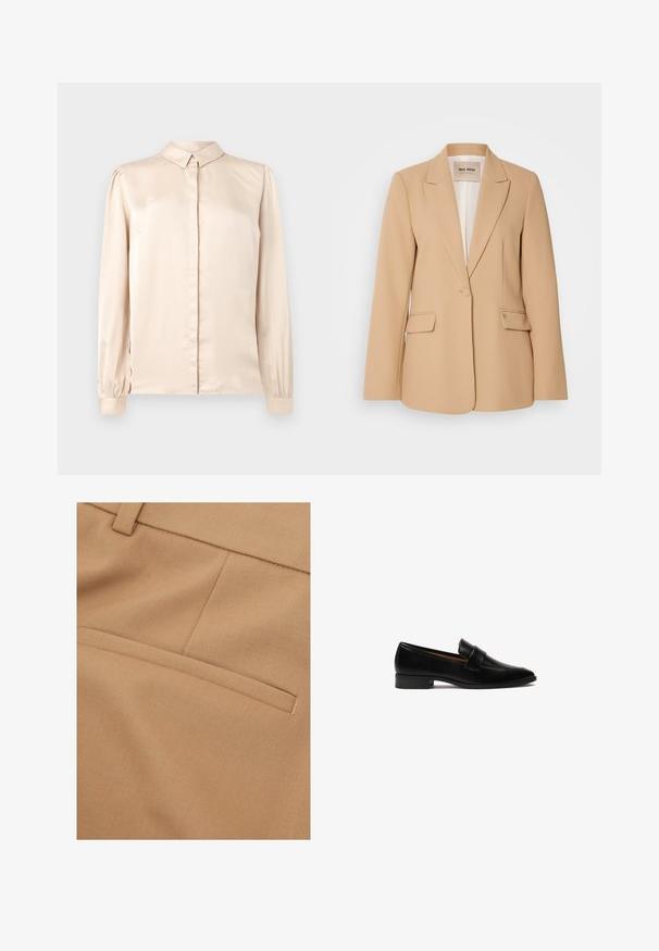 Blazer beige con un diseño estructurado, cierre de un solo botón, dos bolsillos frontales y un acabado suave. El interior forrado ofrece comodidad adicional.; Camisa de satén beige de manga larga con cuello abotonado, pliegue frontal y mangas abullonadas recogidas en los puños. Textura suave y brillante.; Primer plano de tela beige con un bolsillo de ribete horizontal y detalle de costura en la prenda confeccionada.; Mocasines de cuero negro con un tacón plano, que presentan una correa rectangular en el empeine y una superficie lisa y pulida.