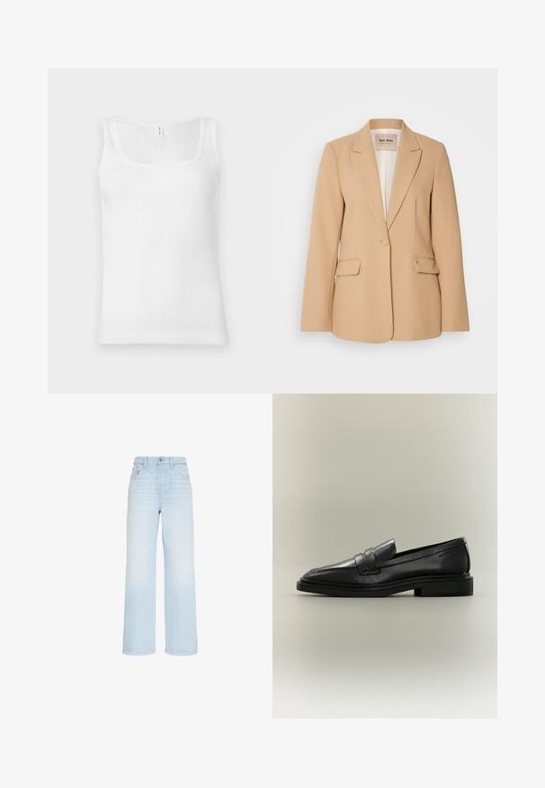 Blazer beige avec une conception structurée, fermeture à un bouton, deux poches avant et une finition lisse. Doublure intérieure offrant un confort supplémentaire.; Débardeur blanc à côtes avec un décolleté rectangulaire et des bretelles larges. Le tissu présente une apparence texturée et extensible.; Jean large taille haute bleu clair avec fermeture boutonnée et zippée devant, passants de ceinture, poches avant et arrière.; Mocassin penny en cuir noir avec petit talon, bout arrondi et détails cousus sur fond neutre.