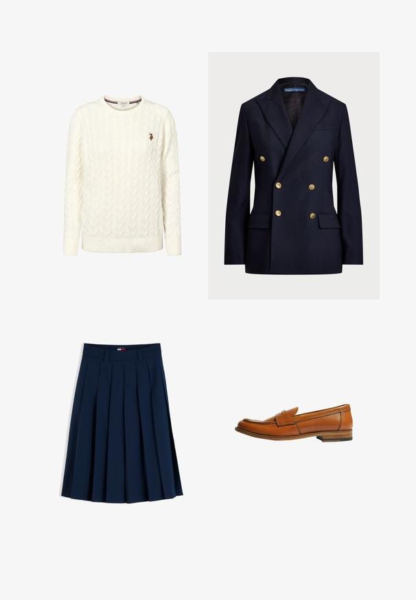 Blazer bleu marine croisé fabriqué dans un tissu à texture lisse. Présente des boutons dorés et deux poches avant. Design ajusté avec revers.; Pull blanc à manches longues en maille torsadée avec col rond et petit logo brodé de l'U.S. Polo Assn. sur la poitrine gauche.; Jupe plissée bleu marine avec passants pour ceinture et une petite étiquette logo rouge, blanche et bleue sur la taille, présentée sur fond blanc.; Mocassin en cuir marron avec talon plat, bout arrondi et une bride décorative traversant le dessus. Texture lisse avec un détail de couture contrastée.