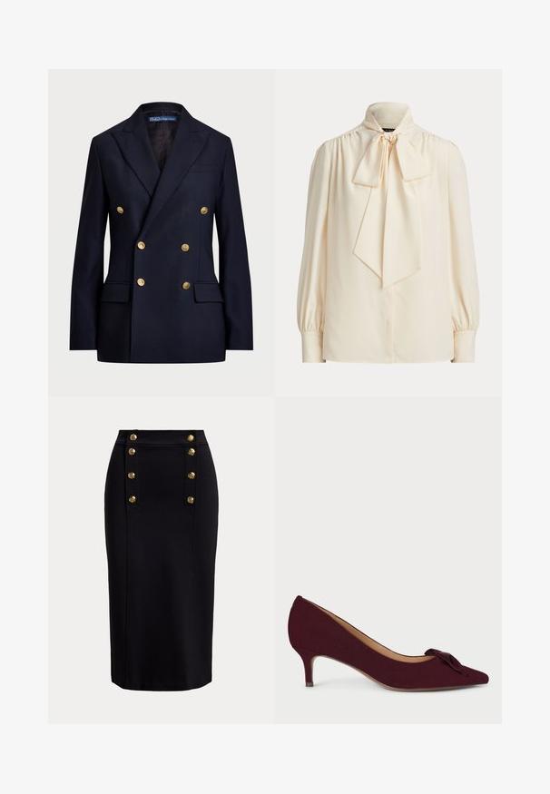Dobbeltbrystet marineblå blazer lavet af stof med en glat tekstur. Har guldknapper og to frontlommer. Skræddersyet design med slag.; Langærmet bluse i cremefarve med høj krave og stor bundet sløjfe ved halsen, med rynkede skuldre og knapmanchetter.; Sort høj talje blyantskørt med lodrette guldknapper arrangeret i to rækker nær den forreste taljelinje.; Bordeaux ruskindpumpe med spids tå, lille hæl og en knytta sløjfe accentueret på vampsiden; glat tekstur og strømlinet design.