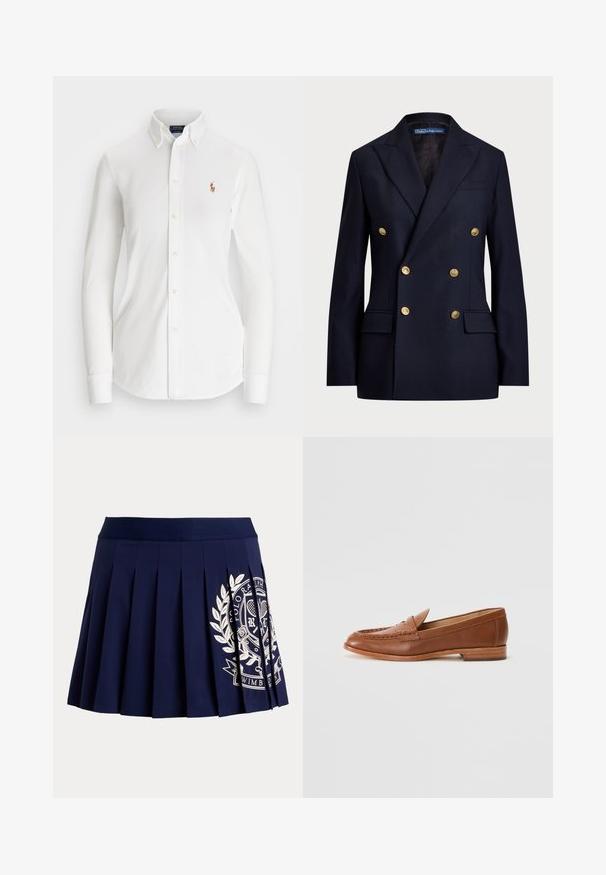 Dvojradový námorní blazer vyrobený z látky s hladkou textúrou. Obsahuje zlaté gombíky a dve predné vrecká. Strihovaný dizajn s klopami.; Biela košeľa s dlhými rukávmi a zapínaním na gombíky, s špicatým golierom, vyrobená z bavlny. Na ľavej strane hrude sa nachádza malé vyšívané logo.; Tmavomodrá plisovaná sukňa so širokým pásom a bielym tenisovým erbom na spodnej pravej strane.; Lauren Ralph Lauren WYNNIE - Našuchovačky - deep saddle tan