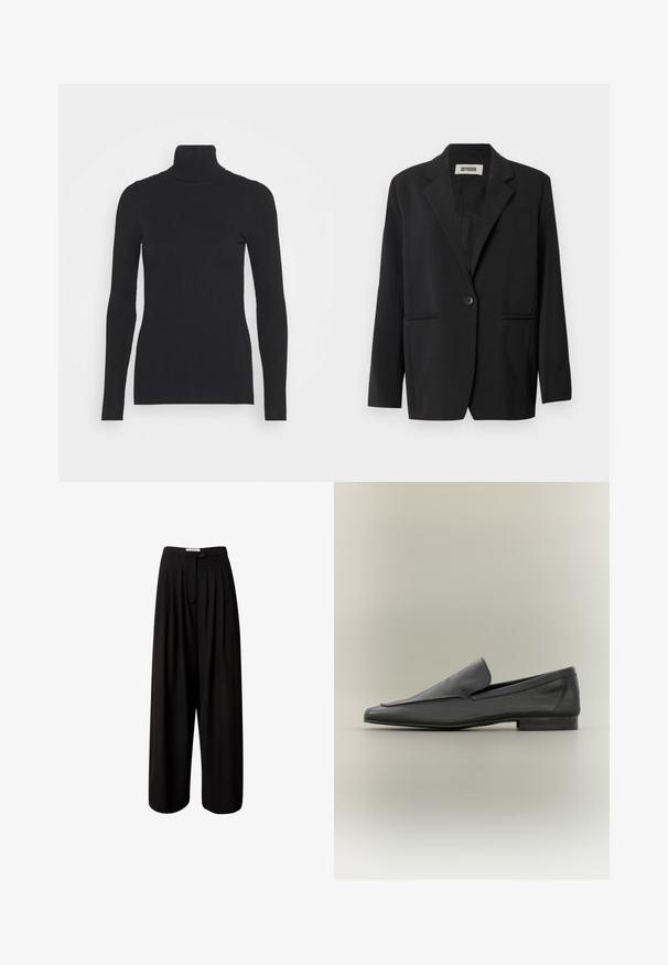 Blazer noir avec une fermeture à un bouton, deux poches avant avec rabats, un col à revers cranté et une texture de tissu lisse.; Pull noir à col roulé côtelé, doté de longues manches et d'une silhouette près du corps. La texture est lisse avec un motif de côtes horizontal.; EDITED BUNDFALTEN SANDY - Pantalon classique - schwarz; Mocassins en cuir noir avec une finition lisse, un bout pointu et un design minimaliste. Talon bas empilé et accents de couture subtils.