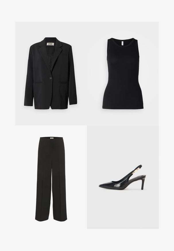 Sort blazer med enkelt knaplukning, to forlommer med klapper, revers med hak og glat stofstruktur.; Sort ærmeløs tanktop lavet af ribbet stof, med rund halsudskæring og tætsiddende design, med en glat overflade og uden mønstre.; Sorte bukser med vid ben, høj talje og subtile pressede detaljer, designet til en afslappet og elegant pasform.; Sort læder slingback højhælede sko med spidse tæer, glat overflade og en smal ankelrem med guldfarvede hardware detaljer.