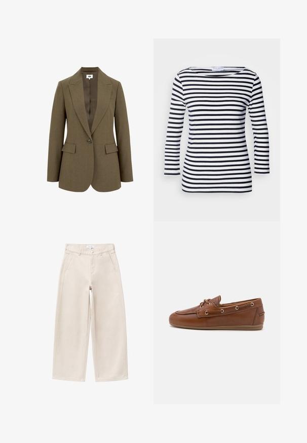 Oliven grøn skræddersyet blazer med en enkelt knap, notch lapels og to frontlommer. Glat tekstur og struktureret silhuet.; Marineblå og hvide stribede langærmede top med en bred halsudskæring og blødt, strækbart stof. Har jævne vandrette striber hele vejen igennem.; Beige bukser med brede ben, forlommer, bæltestropper og knaplukning, vist fladt på en hvid baggrund.; Brune læder bådsko med snøredetalje, metaløjer, en struktureret overflade og en fleksibel tan gummisål. Rund tådesign.