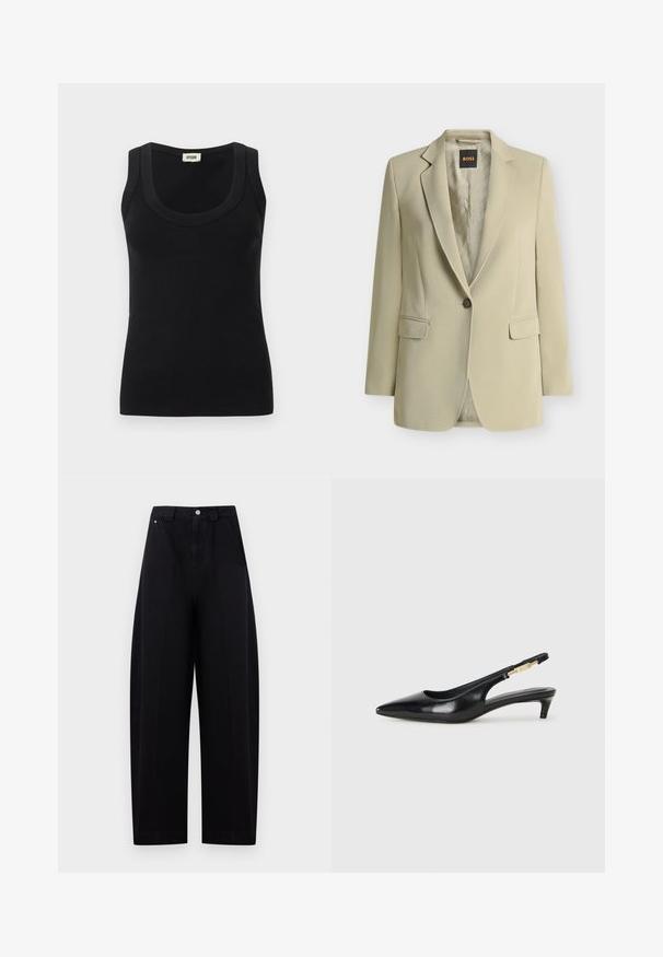 Blazer beige à un bouton, avec revers crantés, poches à rabat et étiquette de doublure de marque visible à l'intérieur du col.; Débardeur en tissu côtelé noir avec larges bretelles et encolure dégagée, étiquette de la marque "DRYKORN" à l'intérieur du col au dos.; Pantalon noir taille haute à jambes larges avec fermeture par bouton et zip devant, avec poches latérales et passants de ceinture sur un fond clair.; Talons hauts en cuir noir avec un bout pointu, dotés d'un talon fin et d'un accent en ton or sur la lanière réglable. Texture lisse.