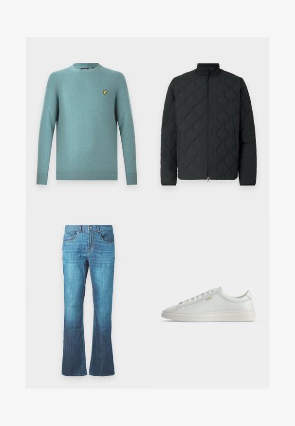 Zwart doorgestikt jack met geometrisch patroon, hoge kraag, ritssluiting aan de voorkant en zachte stoftextuur. Minimalistisch ontwerp zonder versieringen.; Sweater met ronde hals in zachte teal stof, met lange mouwen en een geribde zoom. Gele geborduurde logo-accent op de borst.; Mid-blue gewassen denim jeans met een lichte flare aan de onderkant, klassieke vijf-pocket ontwerp, en een sluiting met knoop en rits aan de voorkant.; Witte lage leren sneaker met veters, platte zool en klein gouden "BOSS" logo aan de zijkant, gezien vanaf de buitenkant.