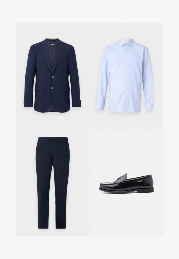 Herren Marineblaues Blazer mit zwei Knöpfen, Reverskragen, Klapptaschen und innerem dunklem Futter, präsentiert vor einem weißen Hintergrund.; Hellsblaues Langarmhemd mit kariertem Muster, Knopfleiste, spitzen Kragen und subtiler Textur. Taillierte Passform mit geknöpften Manschetten.; Herren Slim-Fit schwarze Hose mit vorderem Knopf- und Reißverschluss, Gürtelschlaufen und Seitentaschen.; Schwarze Leder-Loafer mit glänzendem Finish, mit einer gesteppten Verzierung auf der Zehenpartie und einer niedrigen, strukturierten schwarzen Gummisohle.