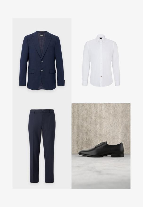 Blazer azul marino para hombre con dos botones, solapa con muesca, bolsillos con solapa y forro interior oscuro, expuesto sobre un fondo blanco.; Camisa de dress blanca de manga larga con cuello abotonado, que presenta una fila de pequeños botones y un único botón de contraste como acento.; Pantalones de marina hechos de una tela suave, con un corte recto, presillas para cinturón y un cierre de botón único en la cintura.; Zapato de vestir de cuero negro con un diseño elegante, punta redonda, cinco ojales para los cordones y un pequeño tacón elevado. Detalle de logo sutilmente embossado.