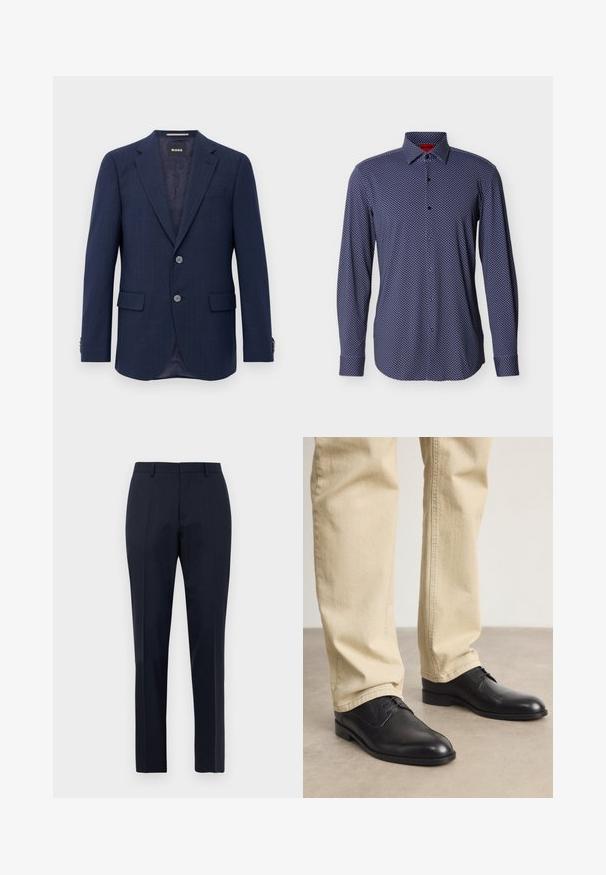 Herren Marineblaues Blazer mit zwei Knöpfen, Reverskragen, Klapptaschen und innerem dunklem Futter, präsentiert vor einem weißen Hintergrund.; Marineblaue langärmlige Hemdbluse mit kleinem weißem Rautenmuster, weichem Stoff, geknöpften Manschetten und klassischem Kragen.; Marineblaue, maßgeschneiderte Herrenhosen mit subtilen Karomuster, Gürtelschlaufen und Bügelfalte, frontal auf weißem Hintergrund präsentiert.; Schwarze Leder Schnürschuhe mit runder Zehenform, glatter Oberfläche und dezenten Nähdetails, getragen mit hellbeigen Hosen.