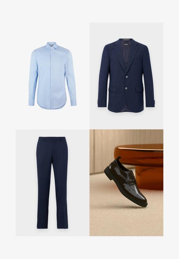 Herren Marineblaues Blazer mit zwei Knöpfen, Reverskragen, Klapptaschen und innerem dunklem Futter, präsentiert vor einem weißen Hintergrund.; Himmelblaues Langarmhemd aus Baumwolle mit spitzem Kragen, Frontknöpfen und abgerundetem Saum. Glatte Textur ohne Muster.; Marineblaue maßgeschneiderte Hose mit Gürtelschlaufen, Reißverschluss vorne und geradem Bein, vor einem schlichten weißen Hintergrund.; Schwarzer glänzender Lederschnürschuh, der über einem beigen Teppich mit einem glänzenden braunen runden Tisch im Hintergrund schwebt.