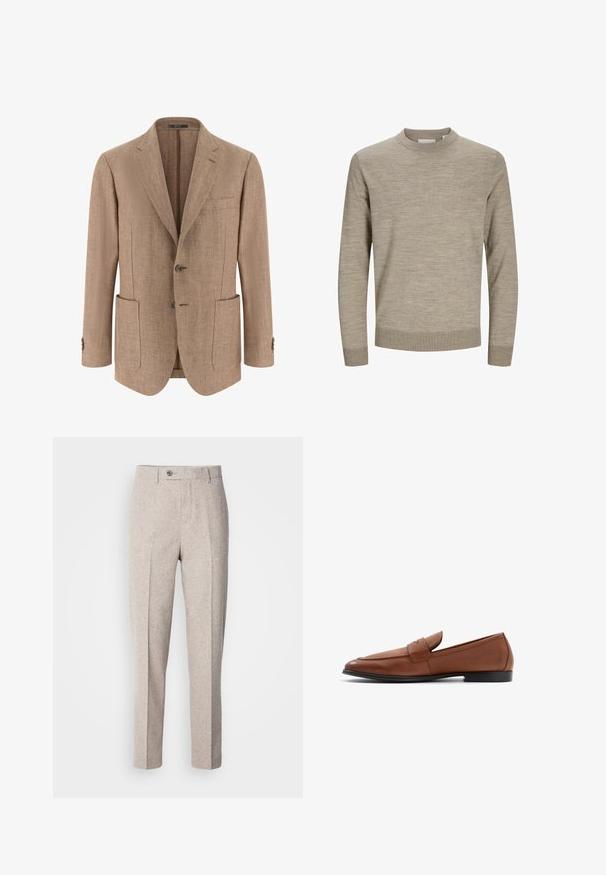 Blazer beige à chevrons pour homme avec revers crantés, deux poches plaquées à l'avant, fermeture à deux boutons et poignets boutonnés.; Pull beige à manches longues avec col rond, poignets et ourlet côtelés, présenté sur un fond blanc.; Pantalons en laine beige clair avec une texture lisse, coupe droite, plis sur le devant et fermeture à un bouton à la taille.; Mocassins en cuir marron avec une silhouette basse, un bout rond et des détails en couture sur le devant. Semelle noire solide avec une finition lisse.