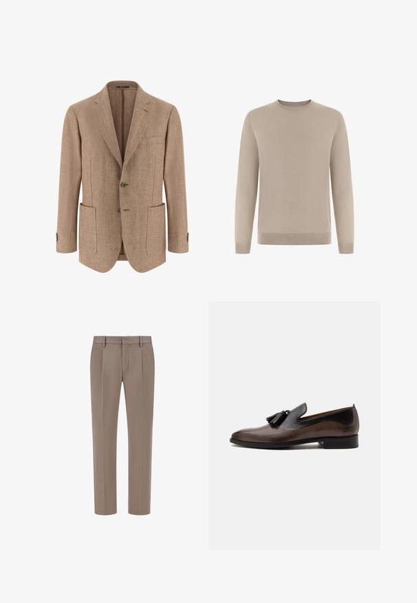 Blazer beige à chevrons pour homme avec revers crantés, deux poches plaquées à l'avant, fermeture à deux boutons et poignets boutonnés.; Pull beige à manches longues en tissu doux et fin tricoté. Il présente un col rond et des poignets et ourlet côtelés pour une coupe ajustée.; Pantalons chics beiges en tissu lisse, avec un devant plat, deux plis sur chaque jambe et une coupe droite épurée.; Mocassin en cuir marron pour homme avec pompons noirs et talon noir, finition polie, profil latéral sur fond blanc.