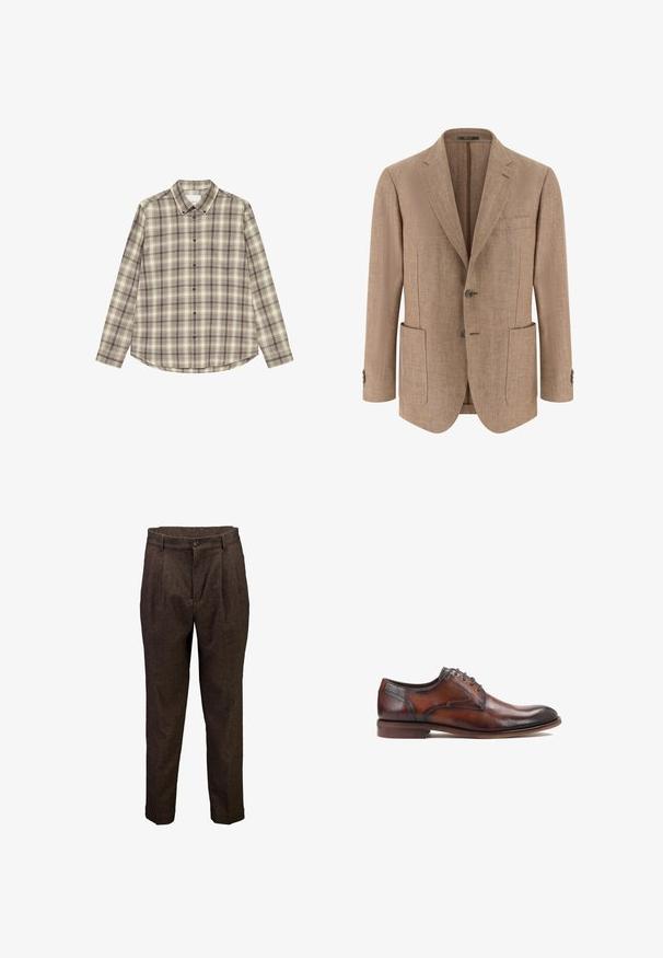 Blazer beige à chevrons pour homme avec revers crantés, deux poches plaquées à l'avant, fermeture à deux boutons et poignets boutonnés.; Chemise à manches longues à carreaux beiges et bruns. Elle dispose d'un col pointu, de boutons sur le devant et d'une seule poche poitrine.; Pantalon en laine marron pour homme avec plis à l'avant, fermeture par boutons et passants de ceinture, présenté sur fond blanc.; Chaussure habillée en cuir marron avec une texture lisse, un laçage, un bout arrondi et des accents sombres contrastants sur le talon et les coutures.