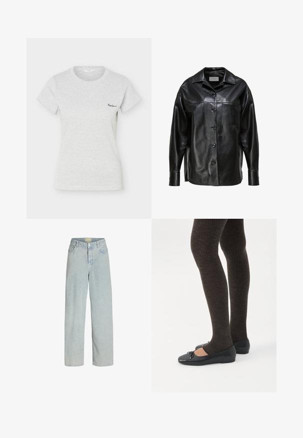 Zwart overhemd van imitatieleren met knopen, kraag, lange mouwen en een enkele borstzak, afgebeeld op een witte achtergrond.; Lichtgrijs geribd T-shirt met korte mouwen, ronde hals en klein zwart "Pepe Jeans" logo op de linkerborst.; Lichtblauwe denim wide-leg jeans met een hoge taille, voorzakken en een knoopsluiting. De stof heeft een zachte, licht gestructureerde uitstraling.; Benen met donkere geribbelde leggings gecombineerd met zwarte ballerina's met kleine strikdetails op een witte achtergrond.