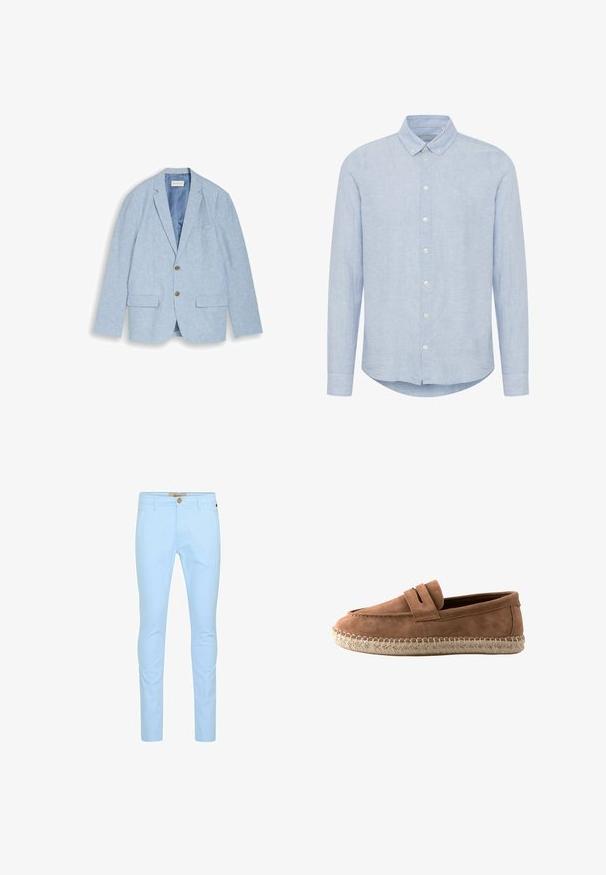 Hellblauer Herrenblazer mit Kerbkragen, zwei braunen Knöpfen, vorderen Klappentaschen und glattem Futter, flach auf weißem Hintergrund präsentiert.; Hellblaues, langärmeliges Hemd aus Leinen mit einem Button-Down-Kragen, Vordertaschen mit Knöpfen, subtilem Logo auf der Brust und abgerundetem Saum.; Helleblaue Baumwollchinos mit slim fit, ausgestattet mit einem vorderen Knopfverschluss, Gürtelschlaufen und einer glatten Textur. Keine sichtbaren Muster oder Akzente.; Brauner Wildleder-Loafer mit geflochtener Seilsohle und einem Riemendetail oben, seitlich auf weißem Hintergrund gezeigt.