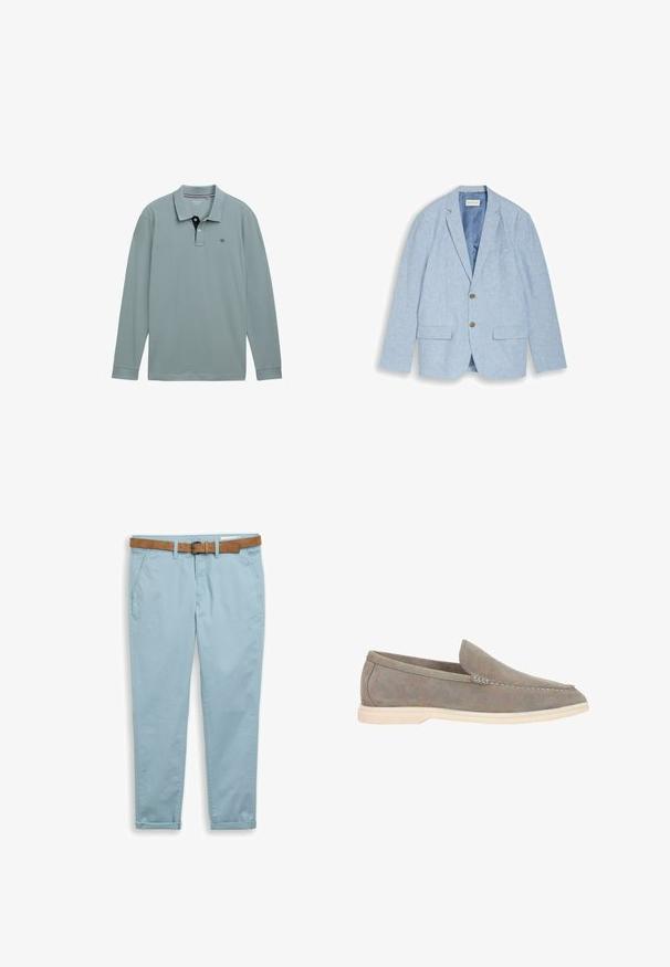Lyseblå herreblazer med notched revers, to brune knapper, forlommer med klap og en glat foring, vist fladt på en hvid baggrund.; Langærmet polo-shirt i lys blå med en kontrastfarvet navy krave. Cotton materiale, med et lille logo på venstre bryst. Klassisk pasform.; Lyseblå, tætsiddende bukser med opbuk ved kanten og sidelommer, kombineret med et tanfarvet læderbælte med en sølvspænde.; Grå ruskind slip-on sko med rund tå, minimal syning og en creme gummisål. Glat overflade med et lavprofil design.