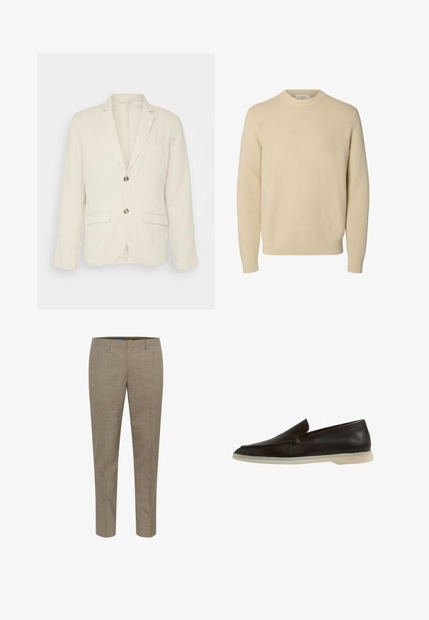 Lichtbeige linnen blazer met twee voorzakken, gesneden revers en twee knopen. Gelaagd stof met een ontspannen pasvorm.; Effen beige ronde hals gebreide trui met lange mouwen en geribde boorden en zoom.; Beige op maat gemaakte broeken met een subtiel ruitpatroon, rechte pijpen, voorzakken en een gladde stofstructuur.; Scarosso LUDOVICO - Mocassins - brown calf