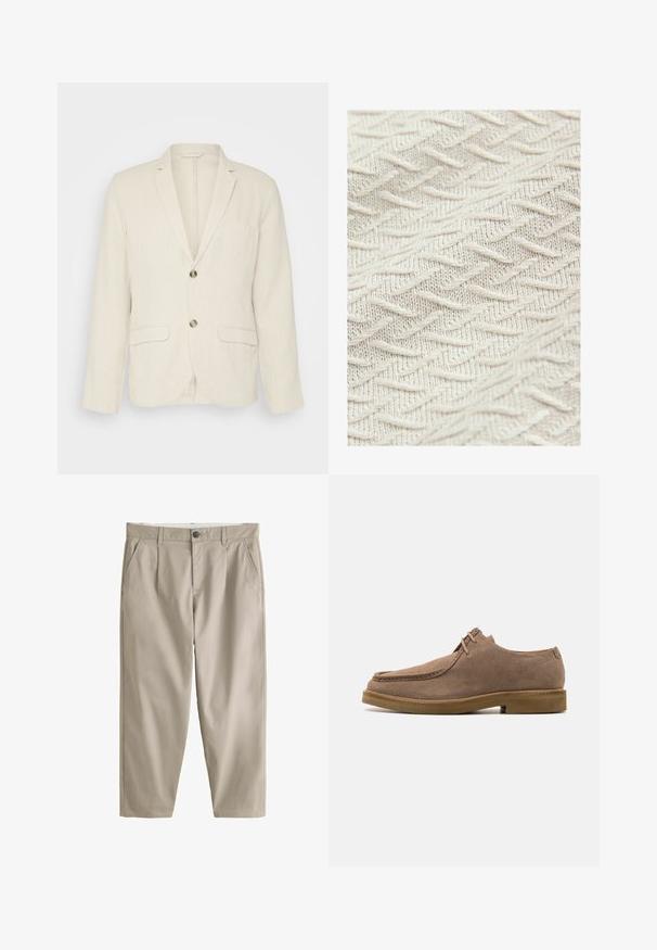Helle beige Leinenjacke mit zwei Fronttaschen, Reverskragen und zwei Knöpfen. Strukturiertes Gewebe mit entspannter Passform.; Texturierter Stoff in Cremeton mit Zickzackmuster und erhöhten Fäden für zusätzliche Tiefe und Dimension. Leicht und weich im Griff.; Beige gerade geschnittene Hose mit Gürtelschlaufen, vorderem Knopf, Reißverschluss und schrägen Seitentaschen.; Zign LEATHER - Sportlicher Schnürer - taupe