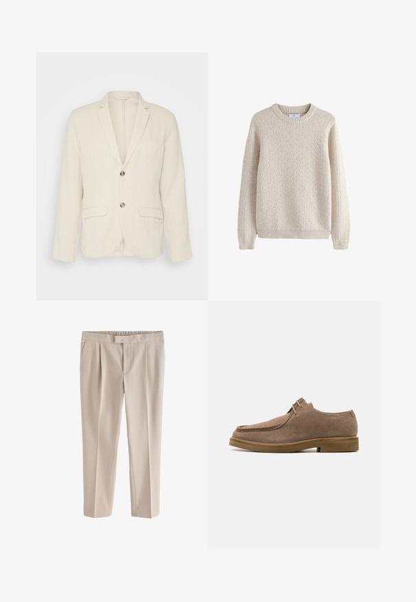 Helle beige Leinenjacke mit zwei Fronttaschen, Reverskragen und zwei Knöpfen. Strukturiertes Gewebe mit entspannter Passform.; Hellbeiger, strukturierter Pullover mit rundem Ausschnitt und gerippten Bündchen, durchgehend mit einem gesteppte Muster am Körper versehen.; Beige gerade Hose mit elastischem Bund und vorgefertigten Falten, für eine bequeme Passform entworfen.; Zign by Zalando LEATHER - Sportlicher Schnürer - taupe