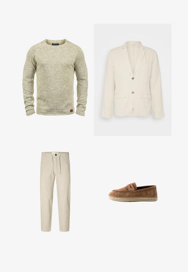 Blazer en lin beige clair avec deux poches avant, revers crantés et deux boutons. Tissu texturé avec une coupe décontractée.; Pull en tricot beige clair avec des manches longues, un col rond et une finition texturée. Il présente une petite étiquette en cuir marron sur l'ourlet.; Selected Slim Tapered Linen Blend - Pantalon classique - vetiver; Mocassin en daim marron avec une semelle espadrille en jute tressée et un détail de bride sur le dessus, montré de profil sur fond blanc.
