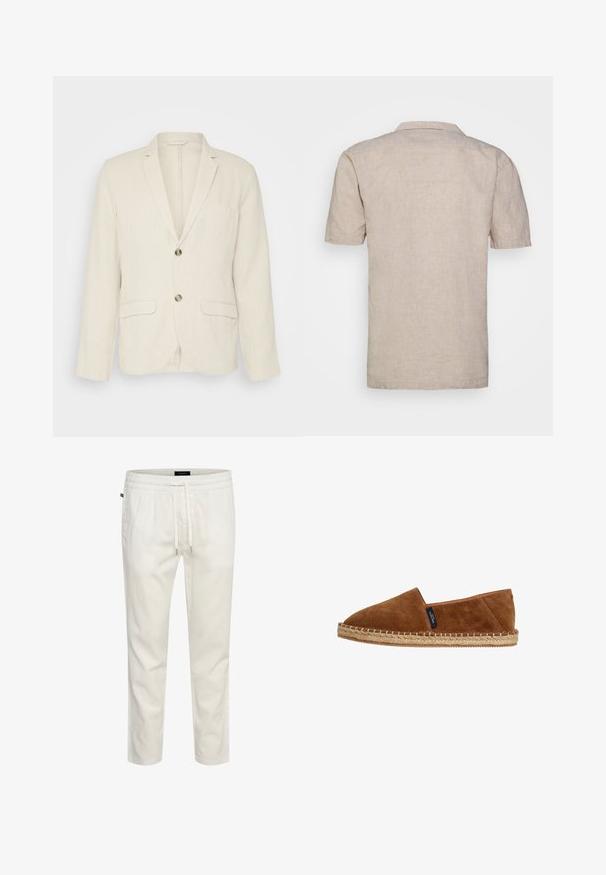 Lys beige linned blazer med to frontlommer, slagkraver og to knapper. Tekstureret stof med en afslappet pasform.; Kortærmet beige linned skjorte med krave, der har et tekstureret stof og lige kant, uden synlige mønstre eller accenter.; Hvide, letvægts bomulds-joggers med elastisk talje, snor i taljen og en afslappet pasform. Glat tekstur uden mønstre eller accenter.; Brun ruskinds-espadrille med rund tå, naturlig jutesål og syninger langs kanten. Ingen synlig branding bortset fra en lille mærkat.