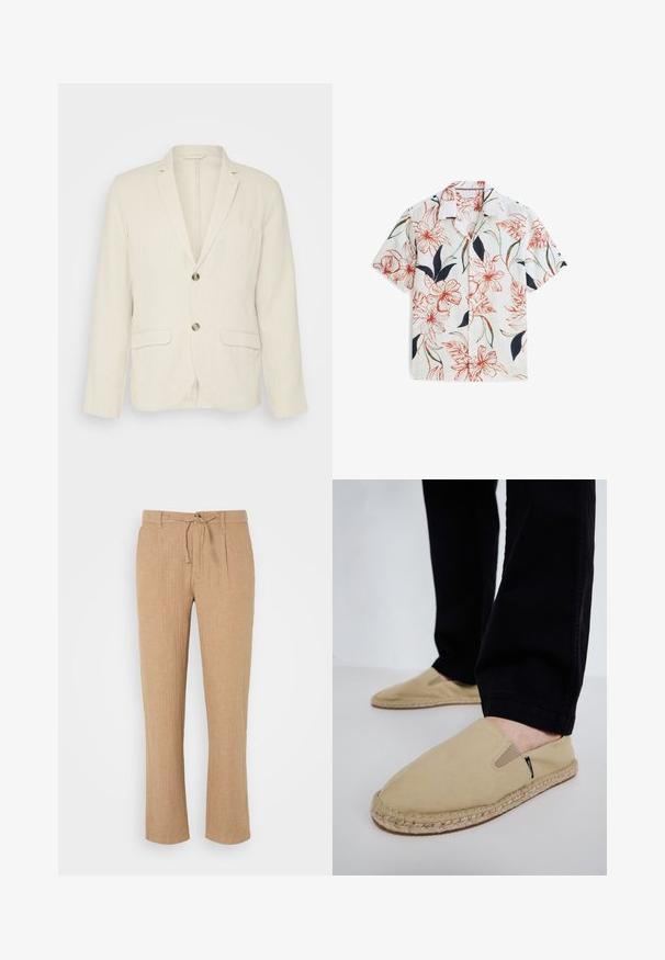 Lys beige linned blazer med to frontlommer, slagkraver og to knapper. Tekstureret stof med en afslappet pasform.; Hvid skjorte med korte ærmer og krave, dekoreret med orange blomster- og grønne bladmønstre samt sorte blads-accents, knapper foran.; Beige linnedbukser med lige ben, snoreliv og en subtil tekstureret overflade. Forreste folder tilføjer detaljer til den klassiske stil.; Beige lærred slip-on sko med elastisk goring, jute reb-sål og kontrasterende syninger. Båret med sorte tapered bukser.