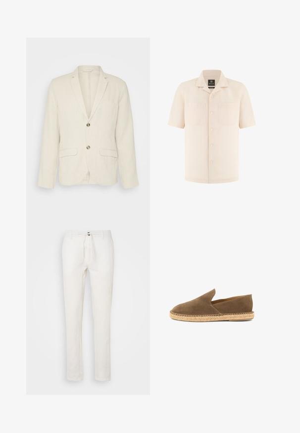 Lichtbeige linnen blazer met twee voorzakken, gesneden revers en twee knopen. Gelaagd stof met een ontspannen pasvorm.; Beige overhemd met korte mouwen en knopen, camprakel en twee borstzakken, gemaakt van 100% linnen van Boggi Milano.; Witte linnen broeken met een koordsluiting in de taille, recht gesneden ontwerp en subtiele textuur. Geen zichtbare zakken of patronen.; Bruine suède instap-espadrille met gevlochten juten zool en laag uitgesneden zijkanten, ontworpen voor casual gebruik.