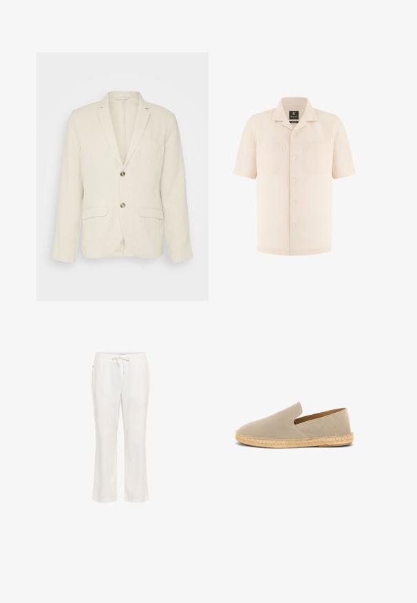 Lys beige linned blazer med to frontlommer, slagkraver og to knapper. Tekstureret stof med en afslappet pasform.; Beige kortærmet skjorte med knapper, camp-krave og to brystlommer, lavet af 100% linned fra Boggi Milano.; Lettere, hvide linnedbukser med elastisk talje og snorbindning. Lige ben-design med en glat tekstur og uden bemærkelsesværdige mønstre.; Beige ruskind espadrille med elastisk skaft, jutesnoet sål og lav hæl, set fra siden på hvid baggrund.