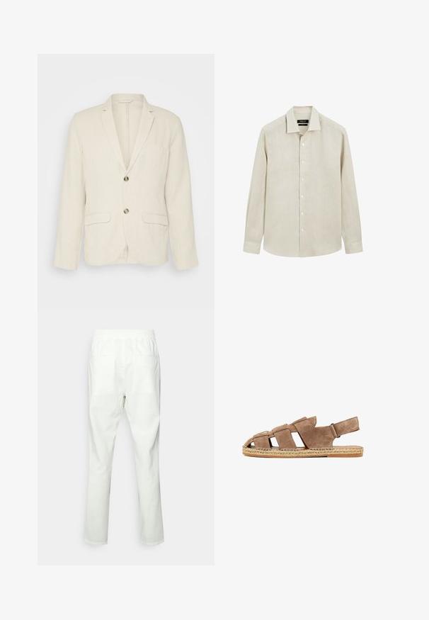 Lys beige linned blazer med to frontlommer, slagkraver og to knapper. Tekstureret stof med en afslappet pasform.; Beige langærmet skjorte med knapper, spids krave og manchetter, vist fladt mod en hvid baggrund.; Hvide bomuldsbukser med elastisk talje, lige snit, to baglommer og en glat, mat tekstur.; Brun ruskindsandale med brede stropper, åben tå, slingback-strop og flettet jutesål på en flad gummiydersål.