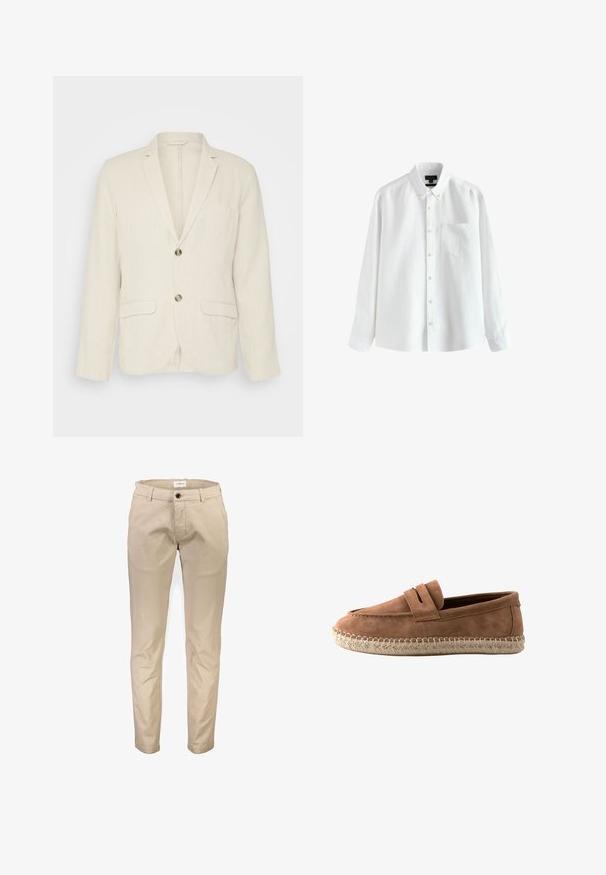 Helle beige Leinenjacke mit zwei Fronttaschen, Reverskragen und zwei Knöpfen. Strukturiertes Gewebe mit entspannter Passform.; Weißes Hemd mit langen Ärmeln, Knopfleiste, Button-Down-Kragen und Brusttasche, vor weißem Hintergrund dargestellt.; Beige Baumwollhosen mit geradem Bein, ausgestattet mit Vordertaschen, Reißverschluss und einem einzelnen Knopfverschluss. Glatte Textur, ohne Muster.; Brauner Wildleder-Loafer mit geflochtener Seilsohle und einem Riemendetail oben, seitlich auf weißem Hintergrund gezeigt.
