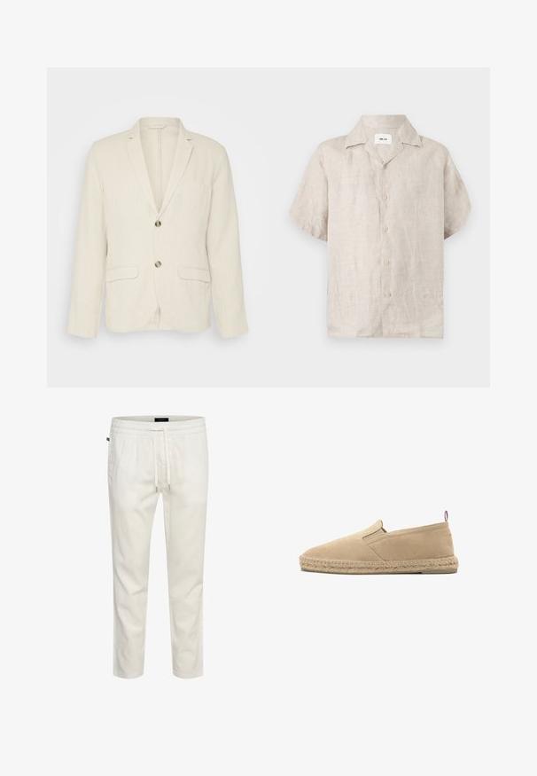 Helle beige Leinenjacke mit zwei Fronttaschen, Reverskragen und zwei Knöpfen. Strukturiertes Gewebe mit entspannter Passform.; Beiges kurzärmeliges Leinenhemd mit Kragen und vorderen Knöpfen, mit einem sichtbaren weißen Etikett innen im Kragen mit der Aufschrift „NN.07“.; Weiße, leichte Baumwoll-Jogginghosen mit elastischem Bund, Kordelzug und lockerer Passform. Glatte Textur ohne Muster oder Verzierungen.; Beige Canvas-Espadrille zum Hineinschlüpfen mit genähter Jutesohle und kleinem Stofflaschen am Absatz, seitlich auf weißem Hintergrund gezeigt.