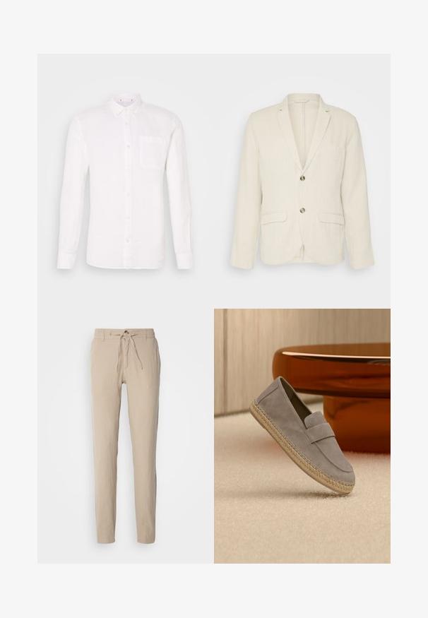 Blazer de lino beige claro con dos bolsillos frontales, solapas con muesca y dos botones. Tejido texturizado con un corte relajado.; Camisa de lino blanca de manga larga con cuello abotonado, un solo bolsillo en el pecho y corte recto. Textura suave, diseño minimalista.; Pantalones de lino beige con corte recto, cinturilla elástica con cordón y dos bolsillos laterales. Textura suave y diseño minimalista.; Mocasín de ante gris claro con suela de yute trenzado, apoyado sobre una alfombra beige con una mesa marrón brillante en el fondo.