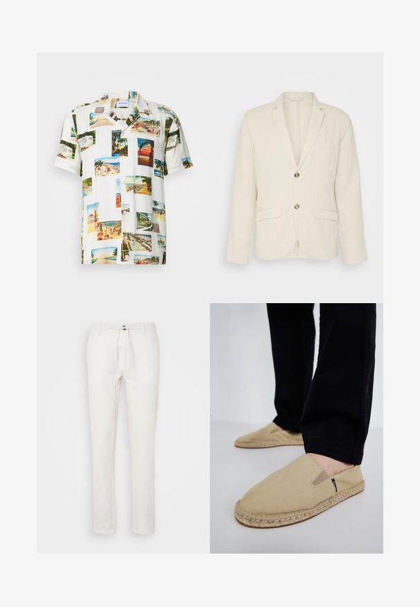 Helle beige Leinenjacke mit zwei Fronttaschen, Reverskragen und zwei Knöpfen. Strukturiertes Gewebe mit entspannter Passform.; Kurzeweißer Hemd mit einem Collagen-Motiv aus Fotografien tropischer Szenen in verschiedenen Farben. Leichter Stoff, Knopfleiste vorne und lockere Passform.; Weiße Leinenhose mit einem Kordelzugbund, geradem Bein-Design und subtiler Textur. Keine sichtbaren Taschen oder Muster.; Beige Leinenschaftsschuhe mit elastischen Einsätzen, Jute-Seilsohle und kontrastierenden Nähten. Tragen mit schwarzen, schmal zulaufenden Hosen.
