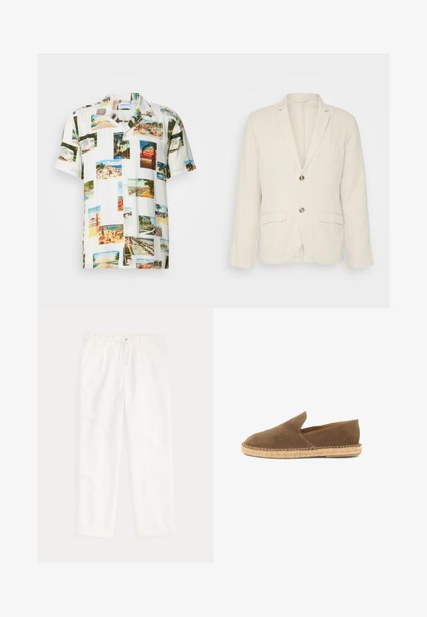Blazer de lino beige claro con dos bolsillos frontales, solapas con muesca y dos botones. Tejido texturizado con un corte relajado.; Camisa blanca de manga corta que presenta un collage de fotografías de paisajes tropicales en varios colores. Tejido ligero, cierre frontal de botones y ajuste relajado.; Pantalones casuales blancos con cintura de cordón y bolsillos laterales, mostrados planos sobre un fondo claro.; Alpargata marrón de ante con suela de yute trenzado y lados bajos, diseñada para uso informal.