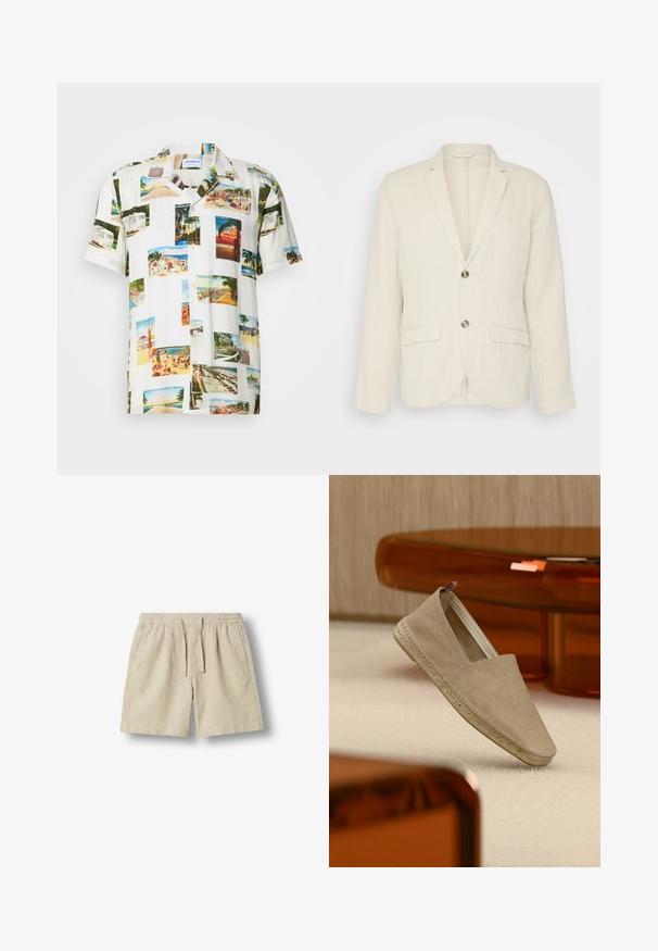 Blazer de lino beige claro con dos bolsillos frontales, solapas con muesca y dos botones. Tejido texturizado con un corte relajado.; Camisa blanca de manga corta que presenta un collage de fotografías de paisajes tropicales en varios colores. Tejido ligero, cierre frontal de botones y ajuste relajado.; Pantalones cortos beige casual con cintura elástica y cordón, bolsillos laterales y dobladillo recto, exhibidos sobre un fondo liso.; Alpargata de lona beige con suela tejida y pequeña lengüeta tricolor en el talón, situada sobre una alfombra clara con muebles de tono ámbar al fondo.