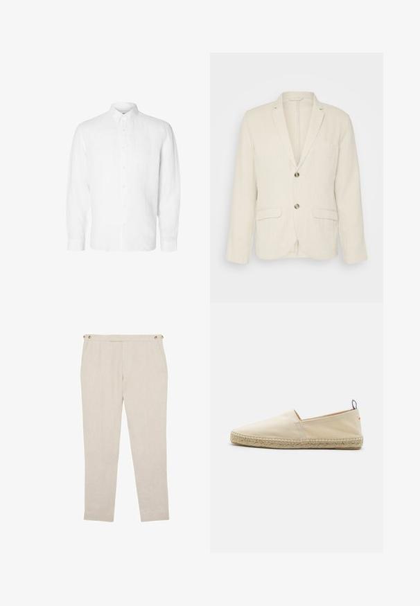 Blazer de lino beige claro con dos bolsillos frontales, solapas con muesca y dos botones. Tejido texturizado con un corte relajado.; Camisa blanca de manga larga hecha de lino, con cuello abotonado, botones en el frente y un ajuste relajado con puños rectos.; Pantalones beige a medida con bolsillos laterales y detalles de botones en la cintura, con un corte ajustado y pierna recta.; Espadrilles de lona beige con puntera redondeada, suela de yute trenzado y un pequeño acento rojo y azul en el talón. Ligeras y sin cierre.
