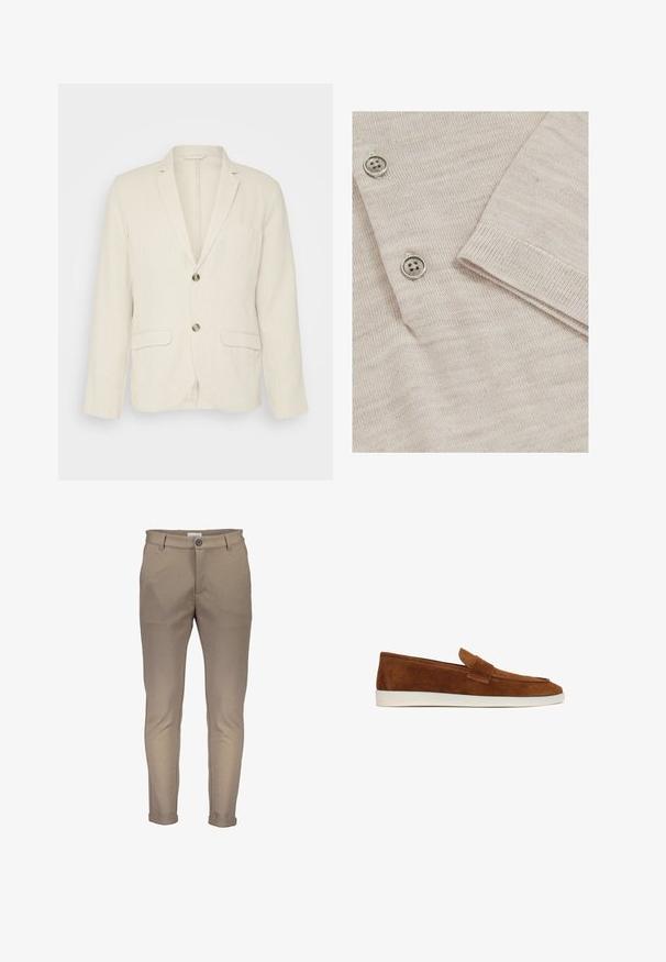Blazer de lino beige claro con dos bolsillos frontales, solapas con muesca y dos botones. Tejido texturizado con un corte relajado.; Cardigan beige claro con una textura de punto fino. Presenta tres botones metálicos y puños acanalados para un acabado estructurado.; Pantalones de mezcla de algodón beige con un ajuste entallado, que cuentan con cierre de botón, trabillas para cinturón y puños doblados. Textura suave con costuras limpias.; Zapatos marrones de ante sin cordones, con perfil bajo, puntera redondeada y suela de goma blanca en contraste. Presentan una parte superior cosida y un diseño minimalista.