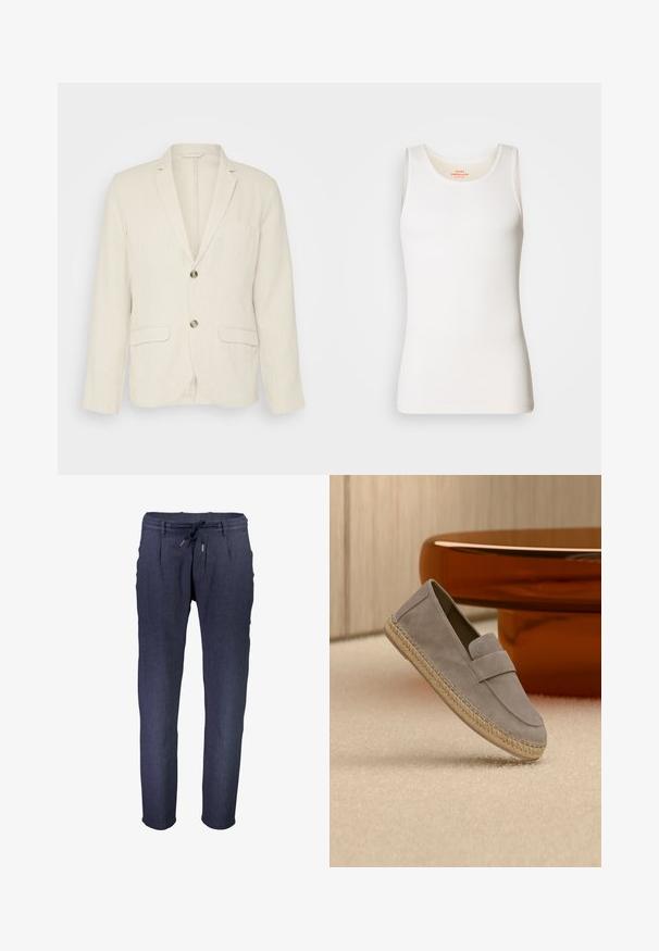 Blazer de lino beige claro con dos bolsillos frontales, solapas con muesca y dos botones. Tejido texturizado con un corte relajado.; Top sin mangas blanco con ribetes, de escote redondeado y tirantes anchos. Textura suave y diseño ajustado.; Pantalones tapered de color azul marino, hechos de una tela texturizada, con una cinturilla elástica y cordón ajustable, además de bolsillos laterales.; Mocasín de ante gris claro con suela de yute trenzado, apoyado sobre una alfombra beige con una mesa marrón brillante en el fondo.