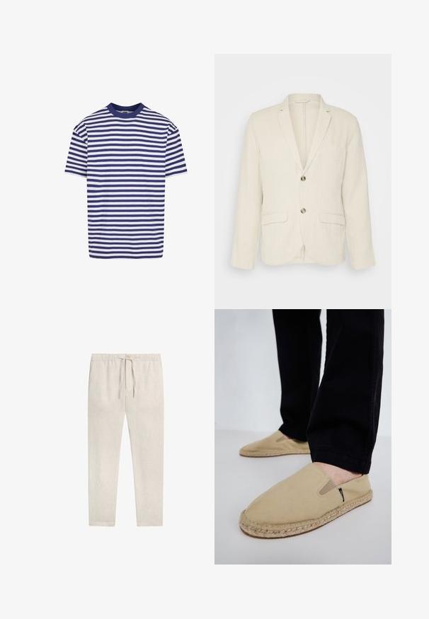 Lys beige linned blazer med to frontlommer, slagkraver og to knapper. Tekstureret stof med en afslappet pasform.; T-shirt med korte ærmer i striber med marineblå og hvide vandrette striber, rund halsudskæring, afslappet pasform og blødt bomuldsstof.; Beige lette hørbukser med elastisk talje, knaplukning og snøre, med lige snit og ankellængde.; Beige lærred slip-on sko med elastisk goring, jute reb-sål og kontrasterende syninger. Båret med sorte tapered bukser.