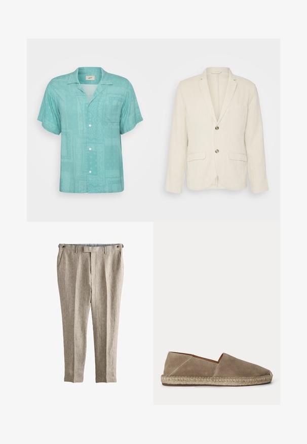 Blazer de lino beige claro con dos bolsillos frontales, solapas con muesca y dos botones. Tejido texturizado con un corte relajado.; Camisa de manga corta con cuello en tejido de color verde claro que presenta un diseño sutil y estampado con parches y texturas. Con un bolsillo en el pecho.; Pantalones ajustados de lino beige con bolsillos laterales, trabillas para cinturón y tabiques ajustables con botones en la cintura.; Zapato espadrille de ante beige con suela de yute trenzado y puntera cerrada y redondeada, mostrado de lado sobre un fondo liso.