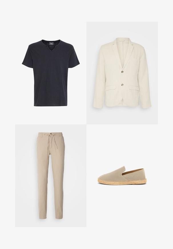 Helle beige Leinenjacke mit zwei Fronttaschen, Reverskragen und zwei Knöpfen. Strukturiertes Gewebe mit entspannter Passform.; Schwarzes T-Shirt mit kurzen Ärmeln und einem V-förmigen Ausschnitt, einfaches, schmuckloses Design, dargestellt auf weißem Hintergrund.; Beige Leinenhose mit geradem Schnitt, elastischem Bund mit Kordelzug und zwei Seitentaschen. Glatte Textur und minimalistisches Design.; Beige Wildleder-Espadrille zum Hineinschlüpfen mit juteumwickelter Sohle und niedrigem Absatz, Seitenansicht auf weißem Hintergrund.